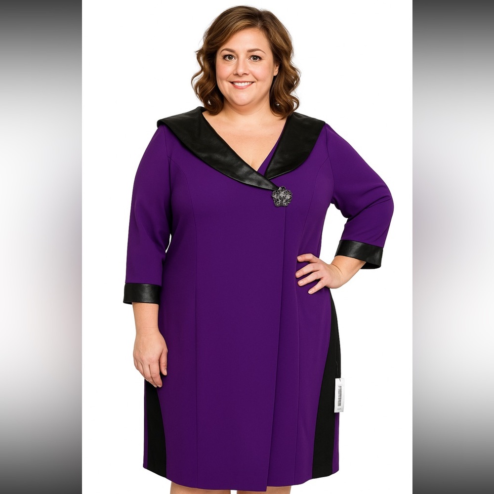 Lily &‎ Taylor Dress Womens 20 Purple Black Leather Trim Brooch NEW